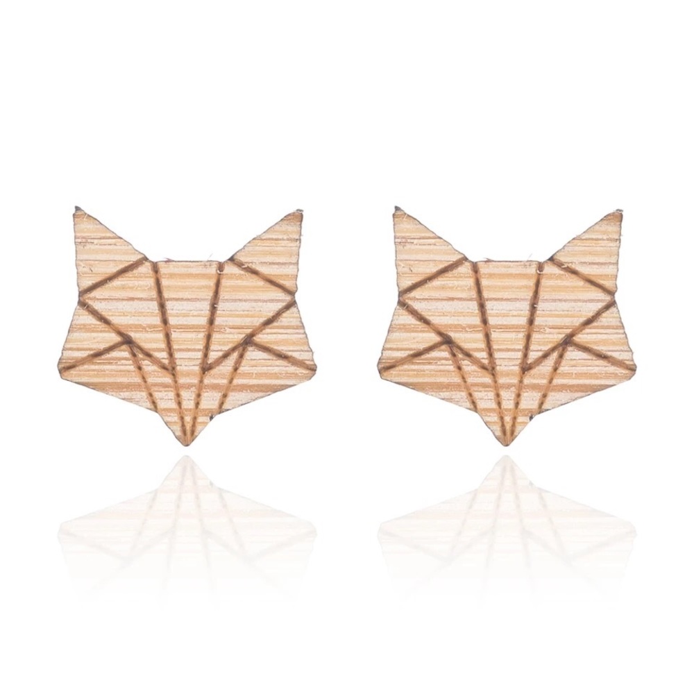🎉 New Wood Origami Fox Stainless Steel Earrings - Picture 2 of 7